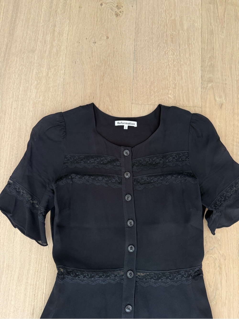 Reformation Black Button-Front Midi Dress with Lace Trim - Picture 2 of 3